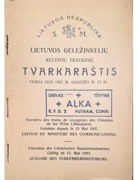 Lietuvos geležinkelių keleivių traukinių tvarkaraštis. Veikia nuo 1927 m. gegužės 15 d.